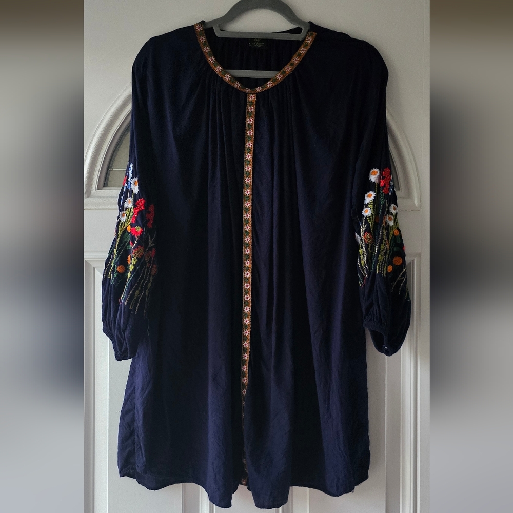 Ansar Fashion Floral Embroidered Puff Sleeve Tunic Blouse Boho Cottagecore Folk